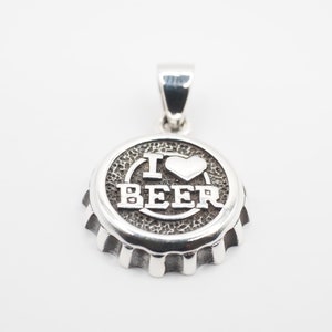 I Love Beer Cap Charm pendants, Solid Sterling silver Beer Bottle Cap pendant necklace, Beer Lover gift, Gift for him/ GG152