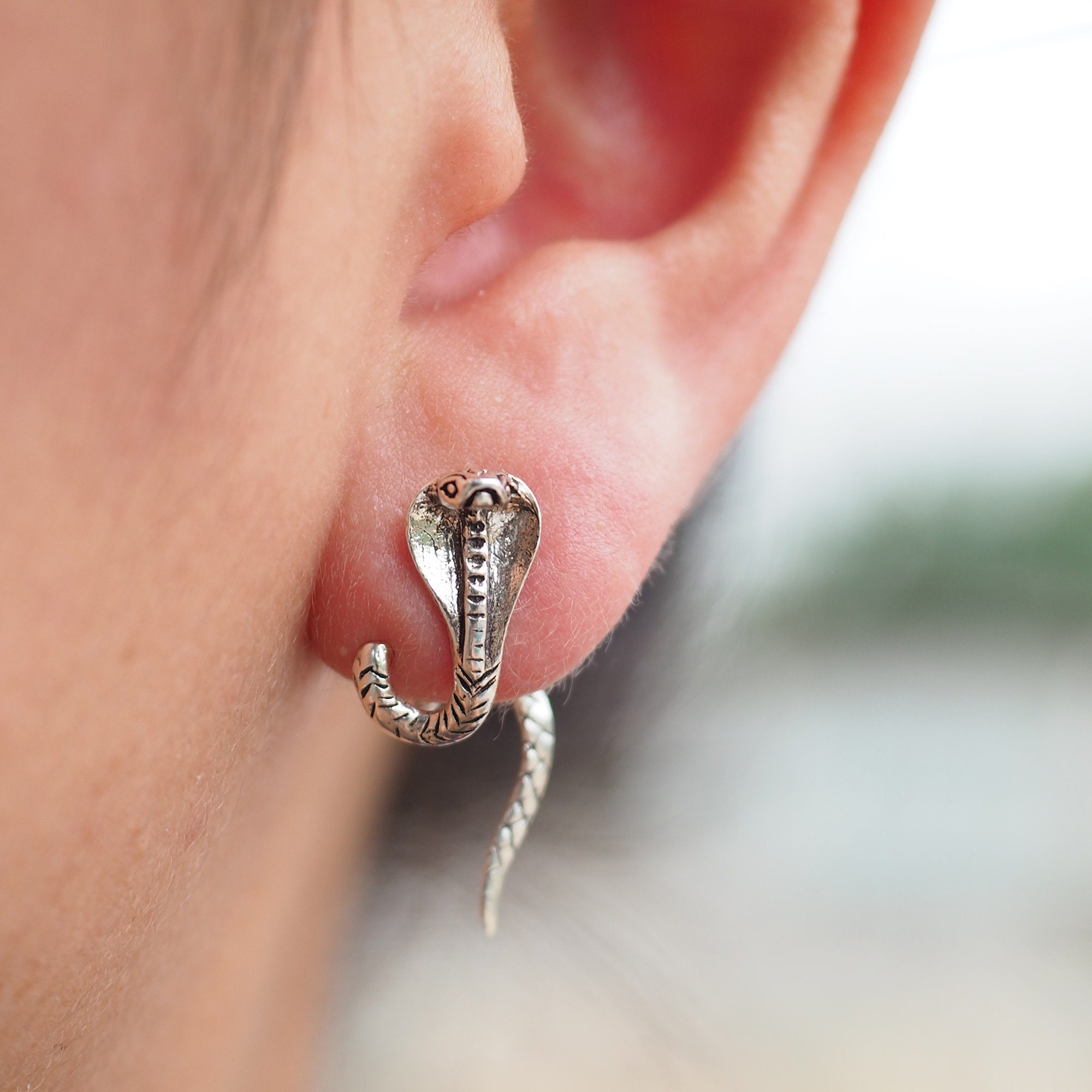 Silver925 Snake Stud Earrings, Front Back Cobra Stud