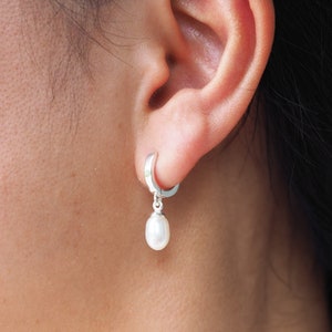 Silver925 - Pearl Drop Huggie Hoop Earrings, Timeless Classic Jewelry, Gift for mom, Birthday Gift