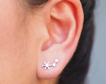 Sterling Silver Star Ear Climbers • 925 Silver Triple Star Climber Earrings • Celestial Jewelry • Dainty Earrings • Gift For Her / EE16