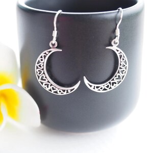 Sterling silver Crescent Moon Dangle Earrings, Heart Perforated Moon Earrings, Eclipse Celestial Jewelry, gift for her / DX17