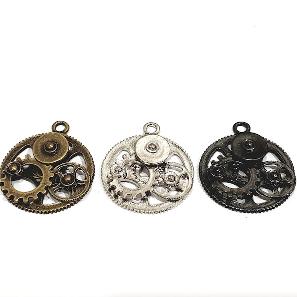 5 pieces - 3D Gear Charm pendants, Wheel Gear Charm, Engineer Charm, Steampunk jewelry making