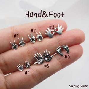 Hand sign earrings, Sterling silver Victory hand earrings, Hi 5 hand stud, Foot feet earrings, Body jewelry