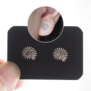 Sterling silver Ammonite Fossil stud Earrings, Sea Shell Cartilage studs, Fibonacci Spiral shell with chains earrings