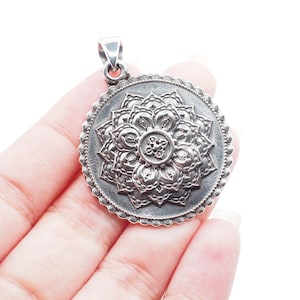 Tibetan Mandala with Vajra Charm Pendants, Sterling silver Lotus Charm, Mandala Necklace For Women Tibetan Buddhism Jewelry / GG43