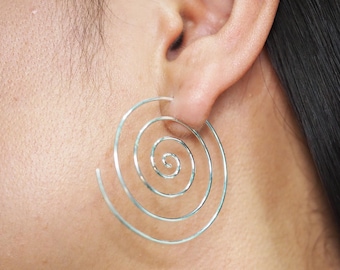 Spiral Hoop earrings, Sterling silver 15-40 mm Wire Earrings, Spiral Coil earrings, Tribal Swirl Hoop, Minimalist earrings / PX1