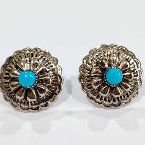Lot de 2 pièces - Conchos à fleurs argentées, clou de fleurs turquoise à l'arrière, conchos à fleurs turquoises, objets de décoration pour artisanat du cuir / DH26