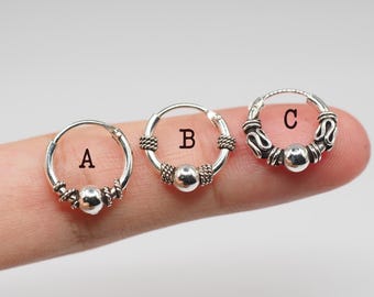 1.5x12 mm Sterling silver Boho Hoop Earrings, Oxidized Bali Tribal Earrings, Cartilage Hoop Earrings, Unisex earrings