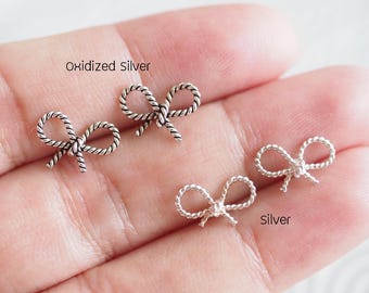 Sterling Silver Bow Stud Earrings • 925 Silver Ribbon Earrings • Cute Rope Bow Jewelry • Dainty Minimalist Studs • Girly Gift For Her/ Q313