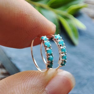 8, 10 mm - A Pair of Tiny Turquoise CZ Hoop Earrings, Dainty Turquoise Thin Nose ring, Minimalist earrings, Cartilage Helix Hoop / ZX