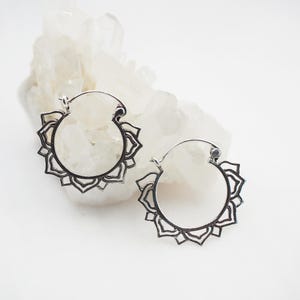 Sterling silver Floral Lotus Hoop Earrings, Mandala Hoop Earrings, Gift for her / FX59