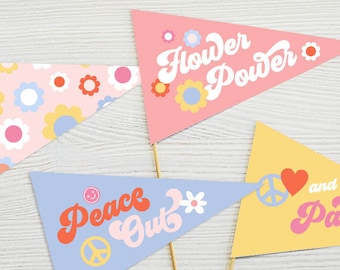 Digital Download Peace Love Party Mini pennants -Peace Out, Flower Power, 70s birthday, Hippie Hangout, Retro VW Bus Party