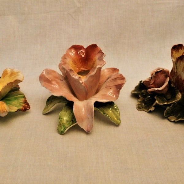 3 porcelain Capodimonte style floral candlestick holders