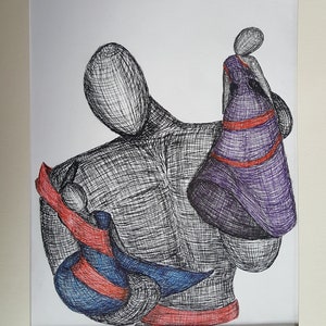 Hand drawn pen and ink wall hanging playing with dolls  &quot;Dolls&quot;
