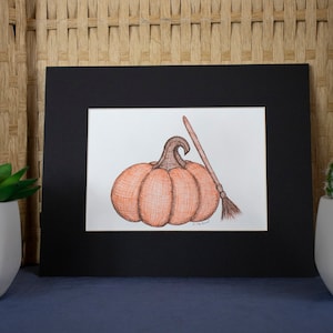 Hand drawn pen and ink wall hanging Halloween/Fall Pumpkin with witch broom