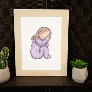 Hand drawn pen and ink wall hanging sad girl child &quot;A moment&quot;