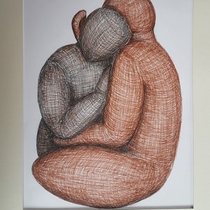 Hand drawn pen and ink wall hanging comforting Embrace couple