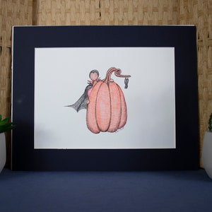 Hand drawn pen and ink wall hanging Halloween/Fall Pumpkin with Vampire