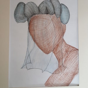 Hand drawn pen and ink wall hanging woman in veil and crown fashion &quot;Veiled&quot;