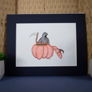 Hand drawn pen and ink wall hanging Halloween/Fall Pumpkin with Grim Reaper