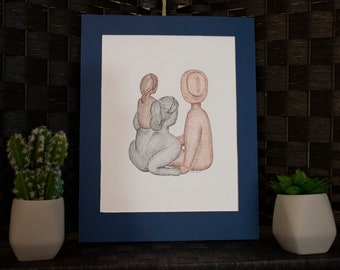 Hand drawn pen and ink wall hanging Family seated "Look At That"