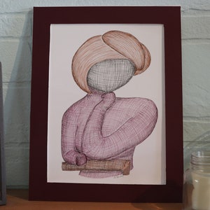 Hand drawn pen and ink wall hanging nursery art woman lost in thought fashion &quot;Ponder&quot;