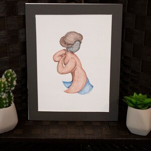 Hand drawn pen and ink wall hanging Woman in motion surprised &quot;Oh Goodness&quot;