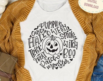 May include: A white t-shirt with a black circle design featuring a pumpkin, the words "Candy Pumpkin Halloween", "Trick or Treat", "Spooks", "Witch", "Patch", and "Boo Monster".