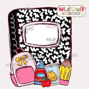 May include: A digital illustration of school supplies. A composition notebook with a black and white pattern, a pink backpack with a yellow bow, a red apple, a juice box, a bottle of ketchup, and a pencil.