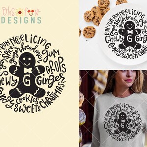 May include: A black and white gingerbread man graphic with the text "RUN-RUN-NOELICING SUGAR SPICE GINGERBREAD GUM DROPS CHEWY G GINGER CANDY COOKIES CHRISTMAS SWEETS" around it.