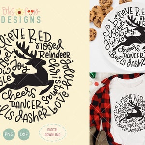 Rote Nosed Rentier Typografie, Svg Dateien | DIGITAL DOWNLOAD ONLY, Weihnachten Doodle SVG | Weihnachten Shirt Design, Cameo Cricut Dateien