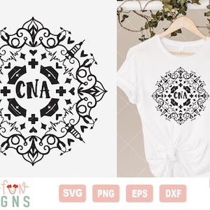 Pode incluir: Download digital em preto e branco de um design de mandala com o texto "CNA" no centro. O mandala apresenta símbolos médicos como corações, cruzes e seringas.