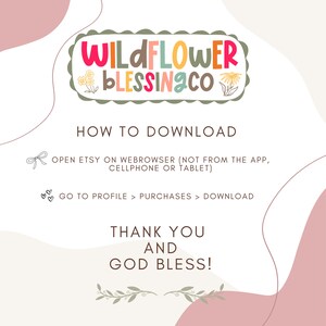 Puede incluir: Gr&aacute;fico de descarga digital con el texto "WILDFLOWER BLESSING CO" en un dise&ntilde;o colorido y caprichoso. Se incluyen instrucciones sobre c&oacute;mo descargar, junto con un mensaje de "Thank You and God Bless!"