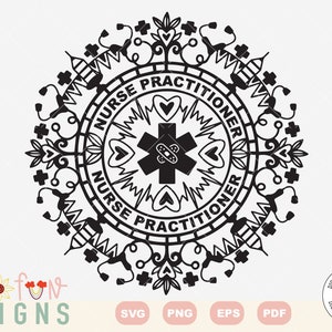 Op de afbeelding: Zwart-wit mandala-ontwerp met de tekst "Nurse Practitioner" die twee keer wordt herhaald. Het midden van de mandala heeft een medisch symbool met een verband.