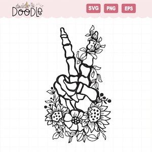 May include: Black and white line art illustration of a skeleton hand making the peace sign with flowers and vines growing around it.