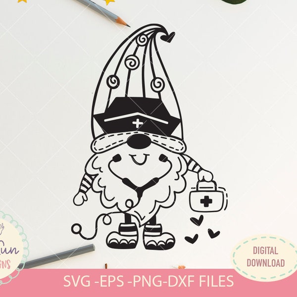 Nurse gnome doodle style, SVG file, Digital Download ONLY, nurse clipart svg, nurse t-shirt design, gnome clipart svg, medical nurse svg