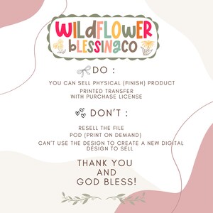 Puede incluir: Gr&aacute;fico de dise&ntilde;o digital con el texto "WILDFLOWER BLESSING CO" en una fuente colorida y caprichosa. La imagen incluye instrucciones sobre los usos permitidos y prohibidos del dise&ntilde;o, como la venta de productos terminados con una licencia de compra.