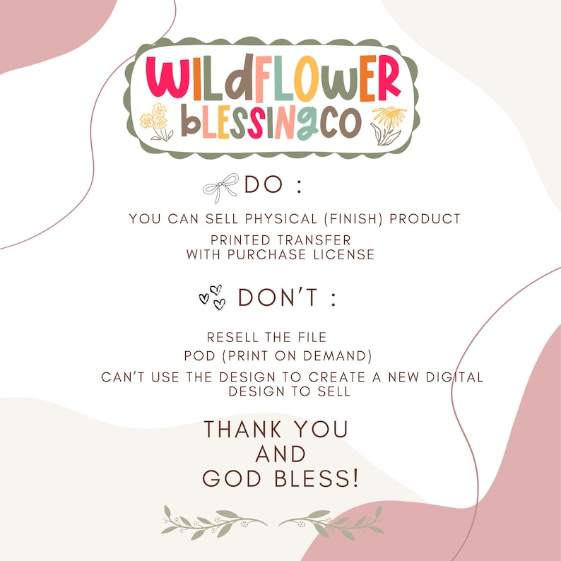 Puede incluir: Gr&aacute;fico de dise&ntilde;o digital con el texto "WILDFLOWER BLESSING CO" en una fuente colorida y caprichosa. La imagen incluye instrucciones sobre los usos permitidos y prohibidos del dise&ntilde;o, como la venta de productos terminados con una licencia de compra.