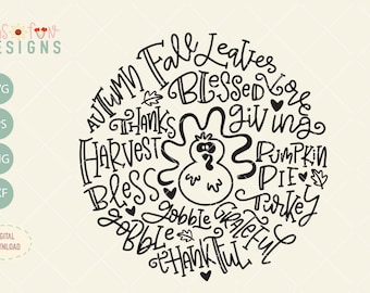 May include: Black and white illustration of a turkey with the words "Autumn Fall Leaves Blessed Giving Thanks Harvest Pumpkin Pie Turkey Gobble Grateful Thankful" arranged around it.