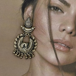 Antique Peacock Indian Jhumka Earrings – Statement Silver Dangle Earrings