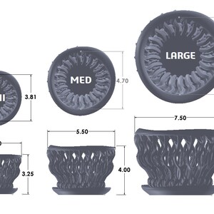 May include: Three sizes of black metal planters with a decorative design. The planters are labeled "MINI", "MED", and "LARGE". The measurements are in inches.