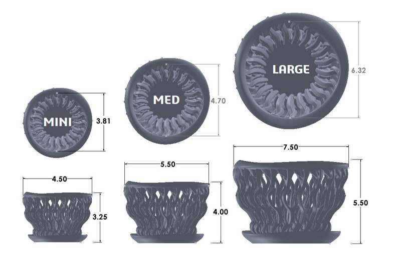 May include: Three sizes of black metal planters with a decorative design. The planters are labeled "MINI", "MED", and "LARGE". The measurements are in inches.