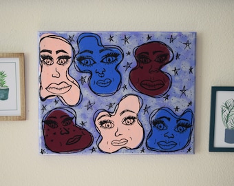 Space Babes Oryginalny abstrakcyjny obraz akrylowy na płótnie 11" x 14"; Wystrój domu