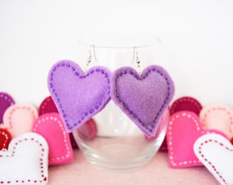 Poofy Felt Heart Dangle and Drop Earrings