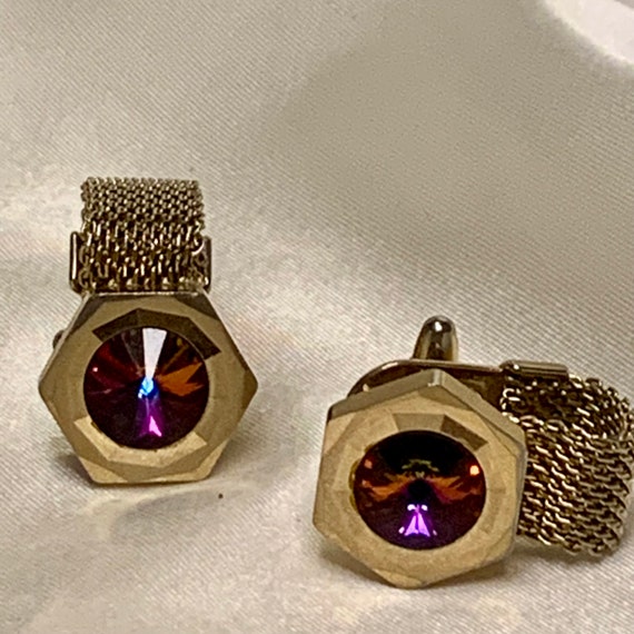 Vintage wraparound cuff links. red rivoli crystal… - image 2