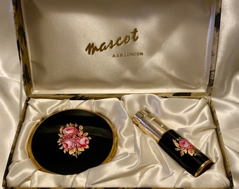 Vintage Mascot compact and atomiser set.  Black with roses powder compact and perfume atomiser. Unused, complete and boxed.  1960s