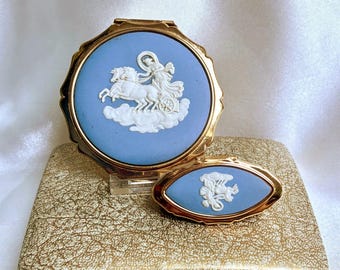 Vintage Stratton Wedgwood Queen Convertible and lipview lipstick mirror.  "Aurora" blue jasperware. Boxed