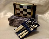 Vintage German Kamra or camera mother of pearl carryall powder compact, lipstick and manicure set. Complete