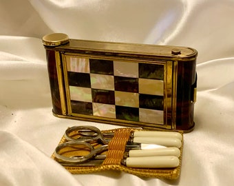 Vintage German Kamra or camera mother of pearl carryall powder compact, lipstick and manicure set. Complete