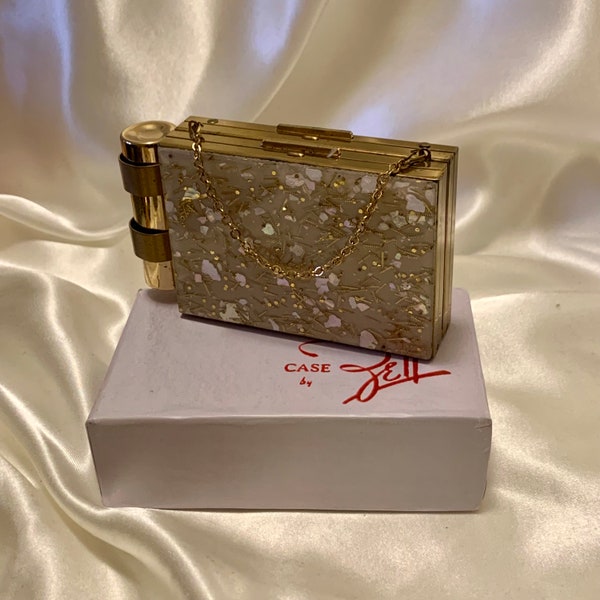 Vintage Zell 5th Avenue confetti lucite party case or minaudiere. Mint in original box. 1950s
